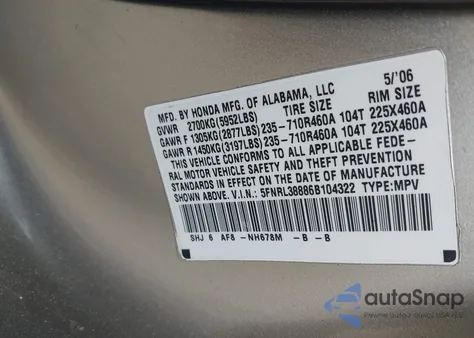 2006 Honda Odyssey Touring from USA, damaged, VIN 5FNRL38886B104322